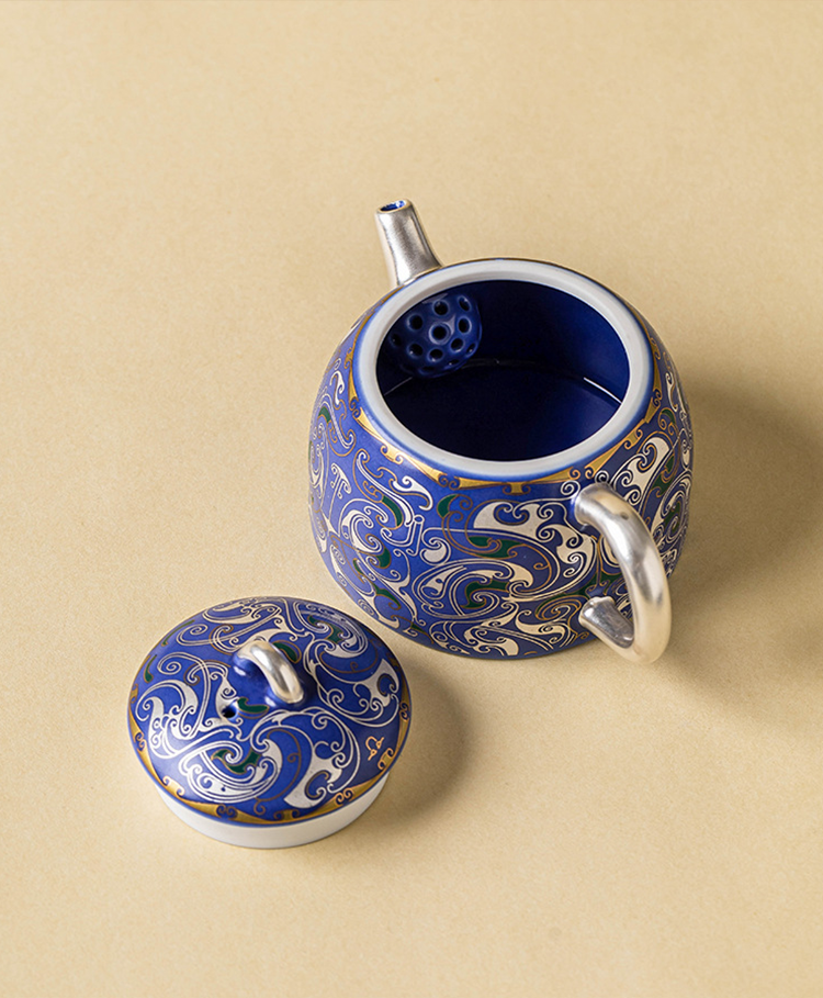 Silver-detailed royal blue porcelain teapot by GOSEUNG