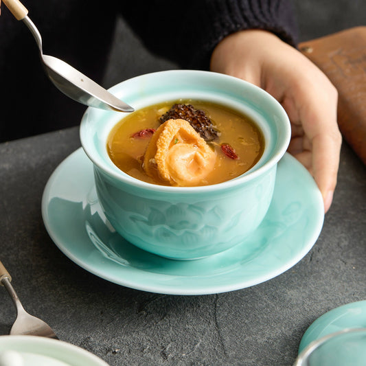 Single-serve wellness soup pot in sky blue celadon glaze