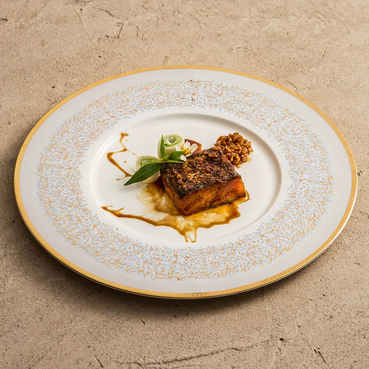 Sky-blue wide-rim porcelain plate with hand-painted gold detailing