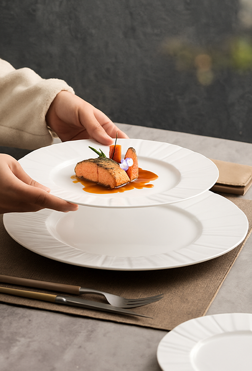 Smooth matte-gloss white porcelain dinner plate for steak and desserts