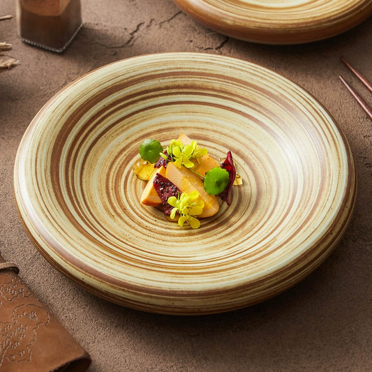 Spiral textured stoneware plate with rustic glaze

