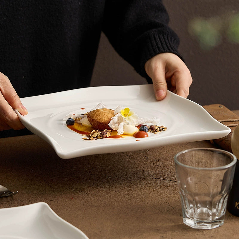 Square white ceramic plate for dessert or fine dining presentation