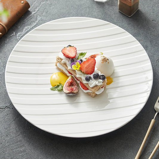 Stripe relief white ceramic plate with diagonal embossed texture