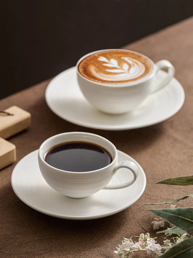 Side view of porcelain cup on round saucer