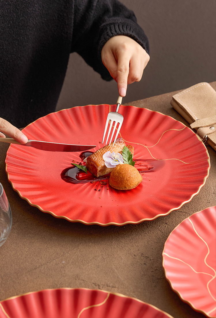 Stylish red ceramic plate set for fine dining