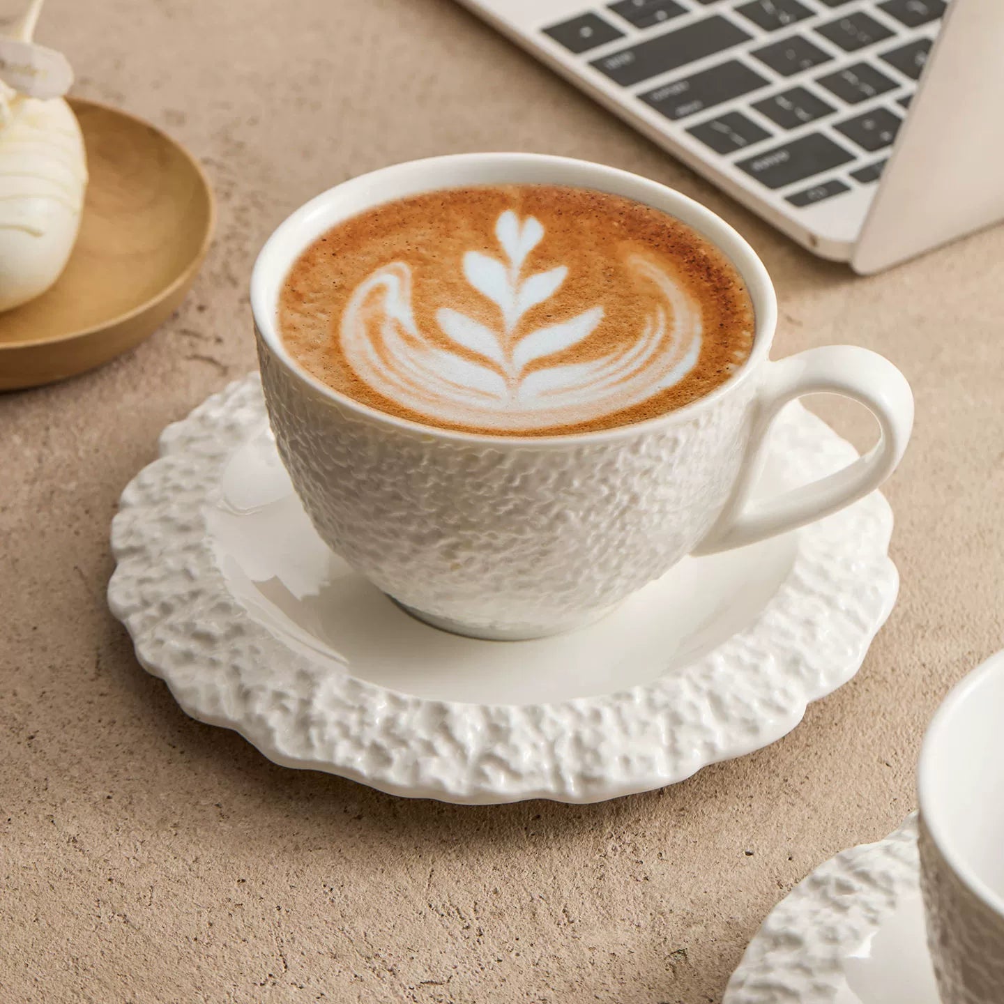 Textured ceramic latte cup and saucer for cozy morning routines