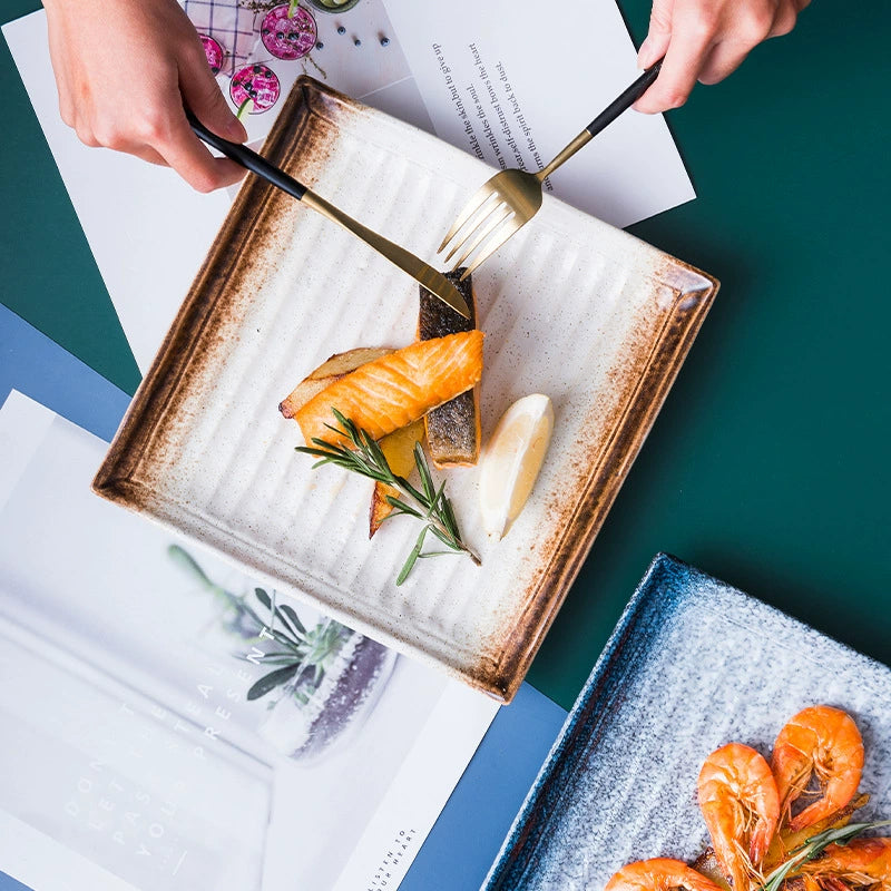 Textured square ceramic plate for fine dining presentation