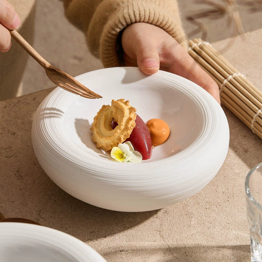 Top view of double-layer ceramic soup bowl with bird’s nest design

