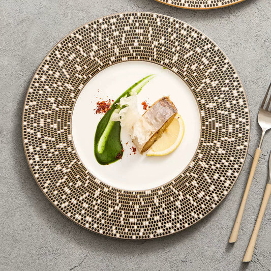 Two-tone coffee brown caramel brown textured rim ceramic dinner plate