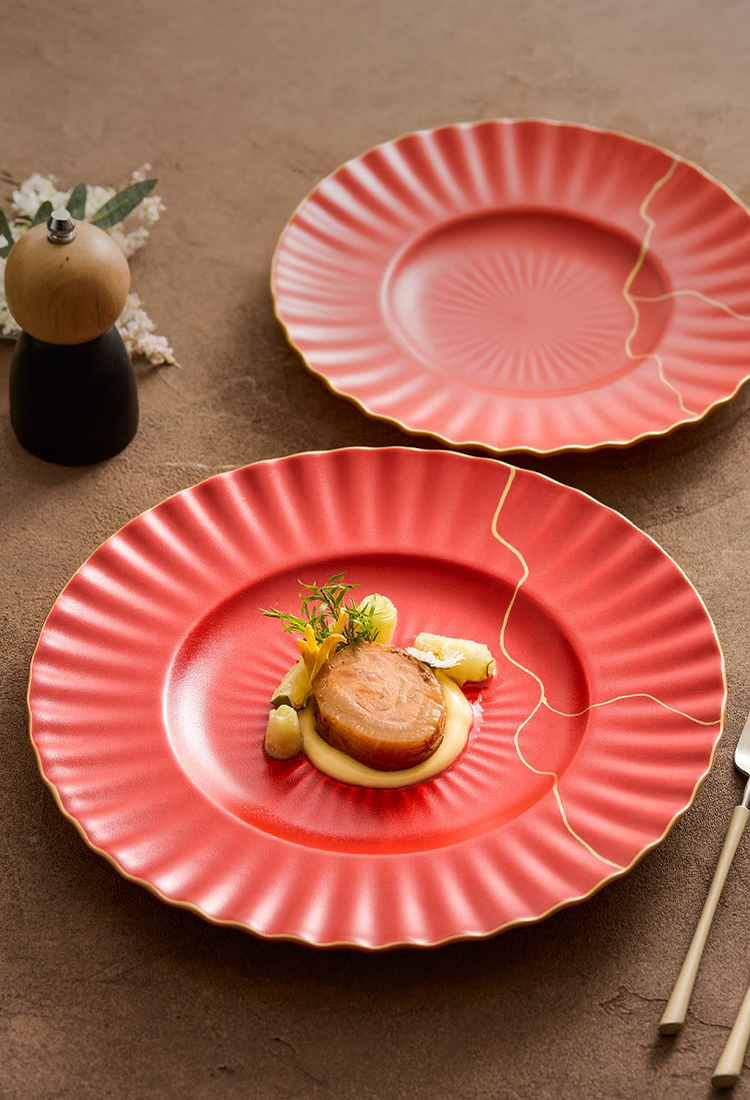 Golden detail luxury red porcelain dinner plate