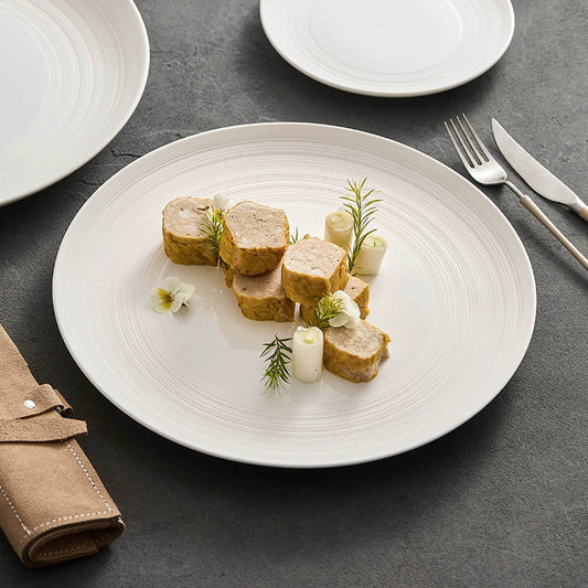 White flat ceramic plate for Western-style plating

