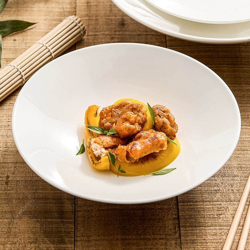 White shallow ceramic bowl for fine dining