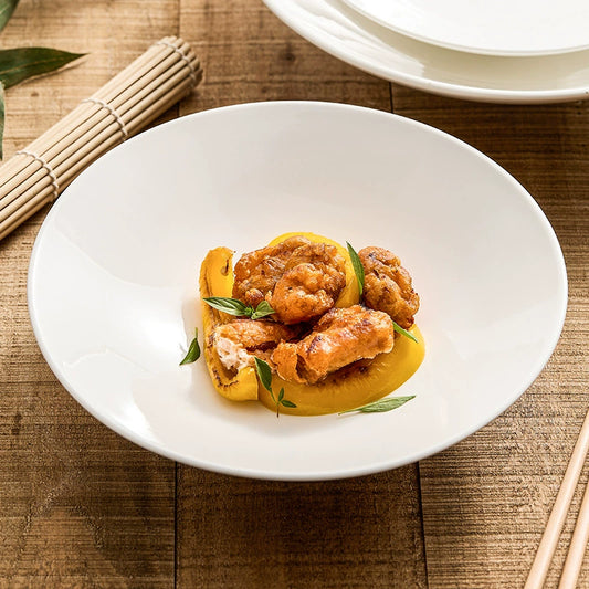 White shallow ceramic bowl for fine dining