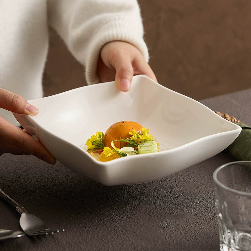 White soft-square deep dinner plate