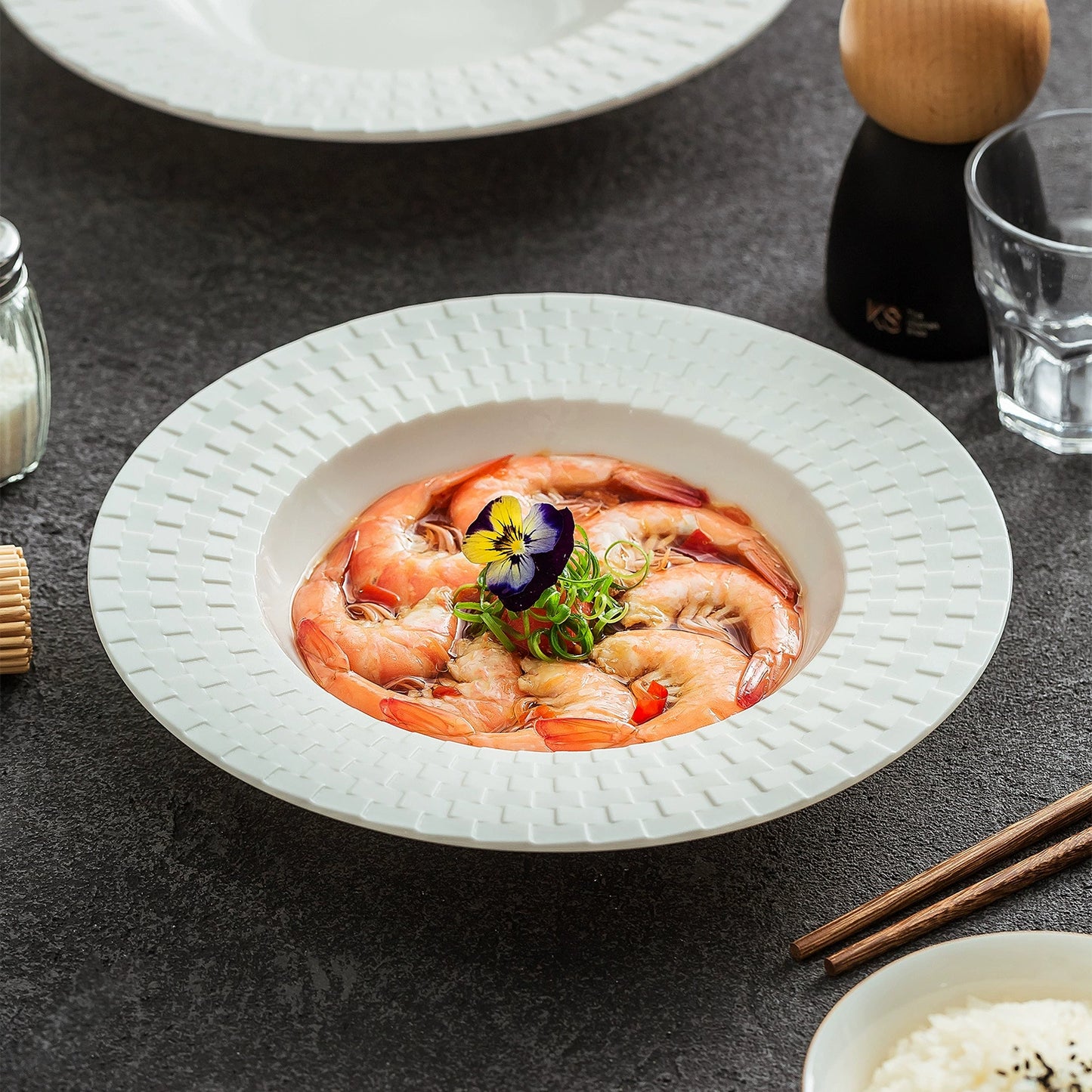 Wide rim soup plate with woven relief texture for refined plating