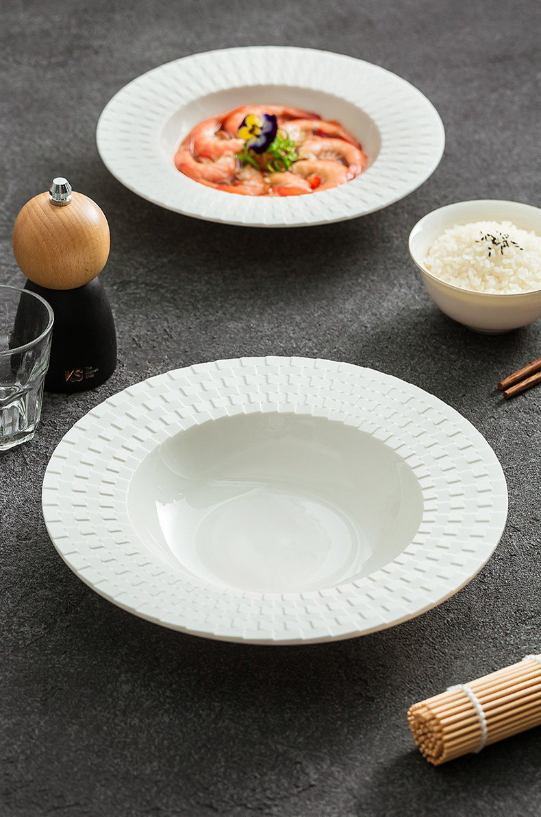 Wide soup plate with embossed texture for composed presentations