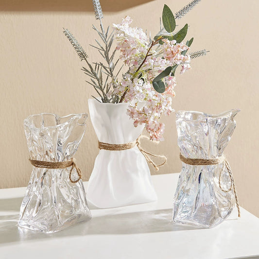 Wrinkled glass vase with natural jute twine

