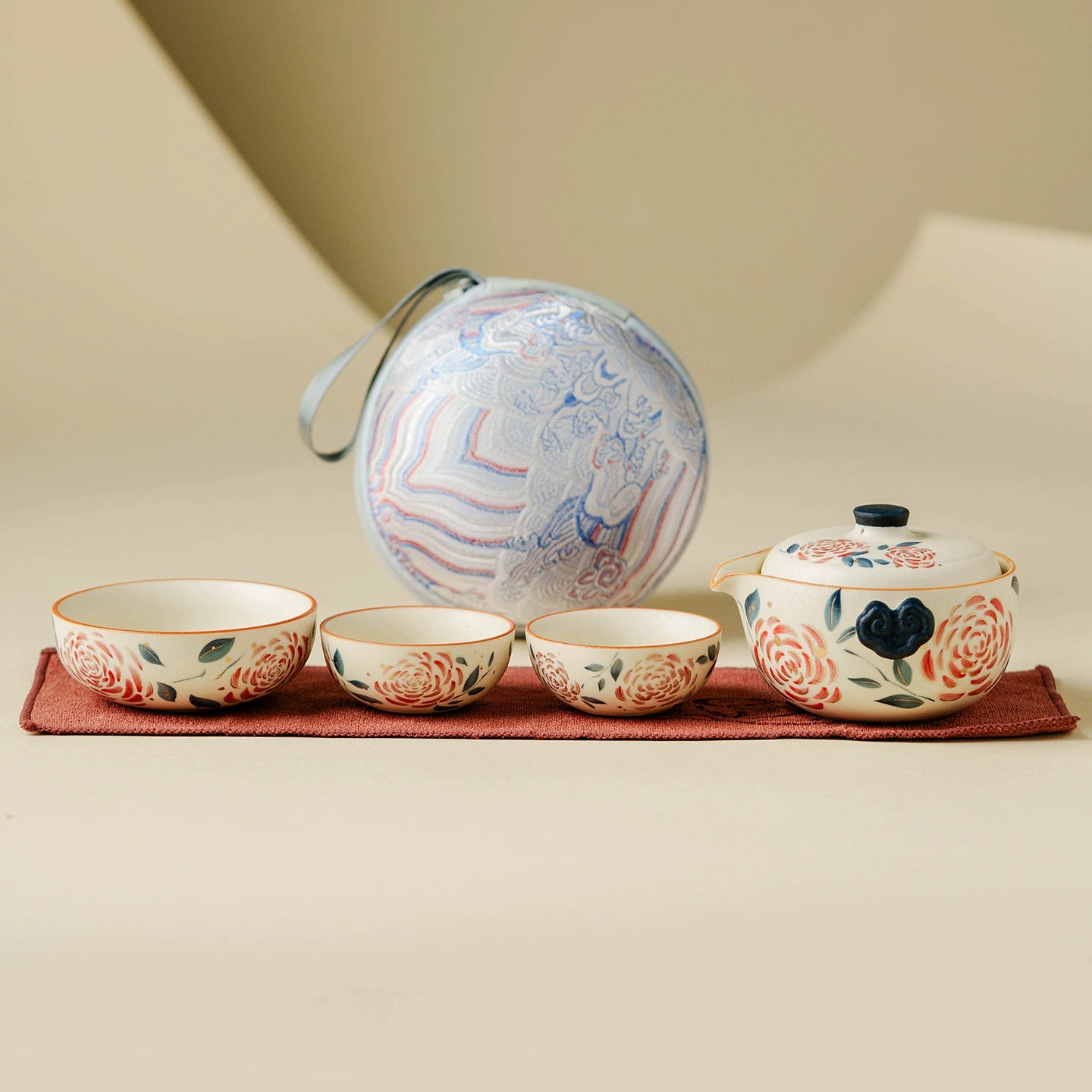 Yanmian white porcelain gold rose travel tea set