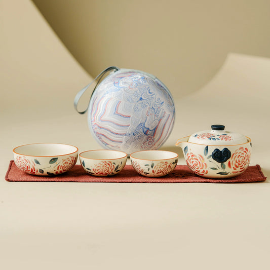 Yanmian white porcelain gold rose travel tea set