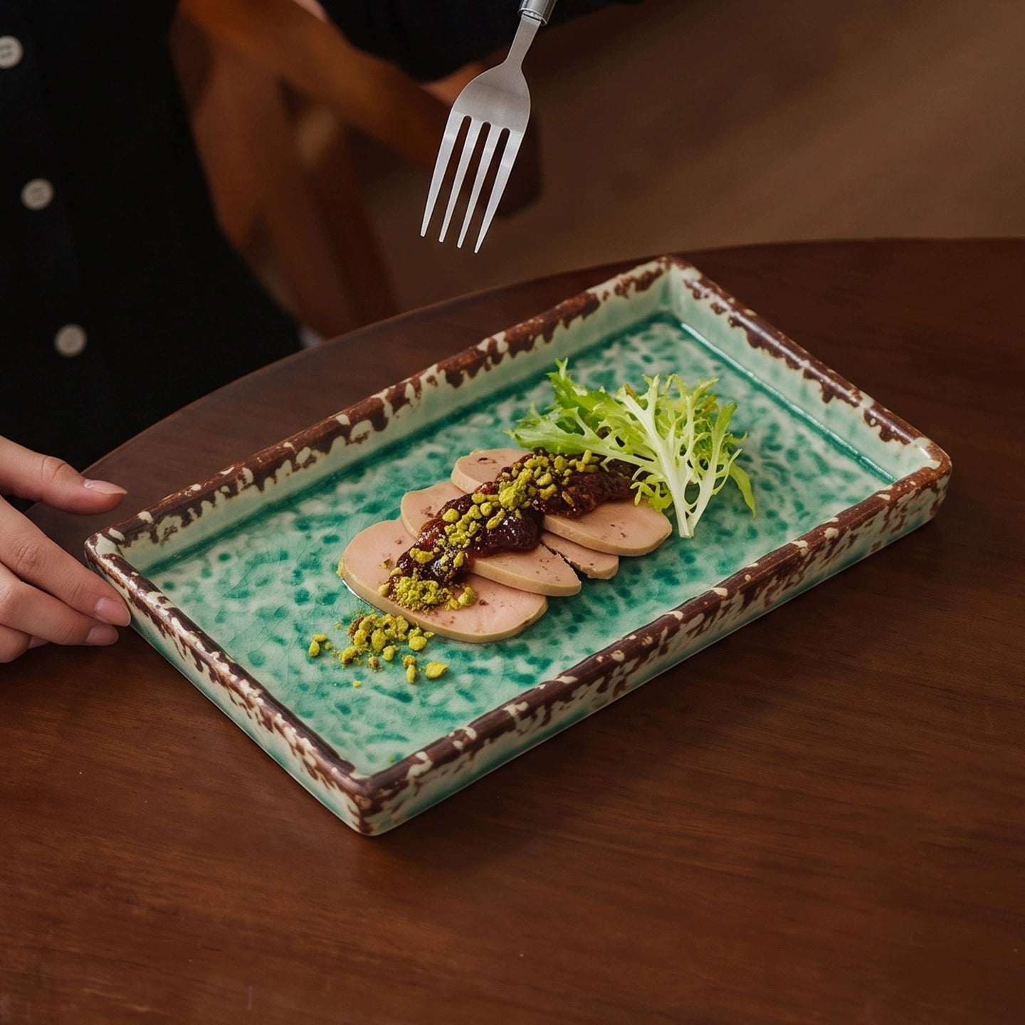 artisanal green rectangular serving platter for fine dining