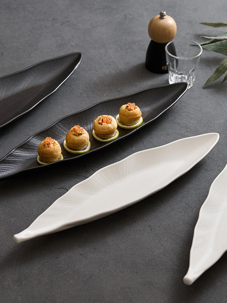 contemporary leaf shape ceramic tray for Japanese and tapas cuisine