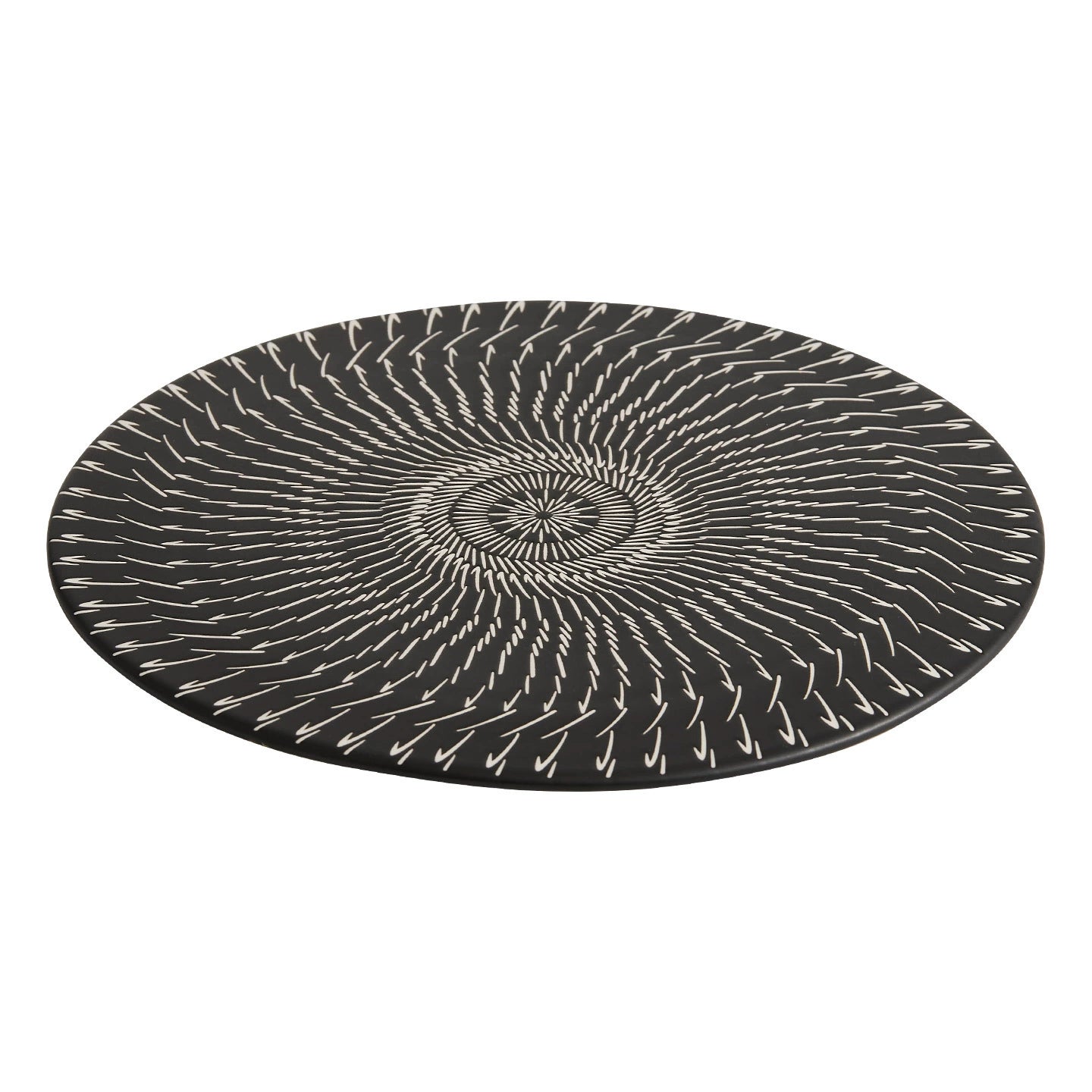 Round black placemat with white concentric circle pattern on a white background