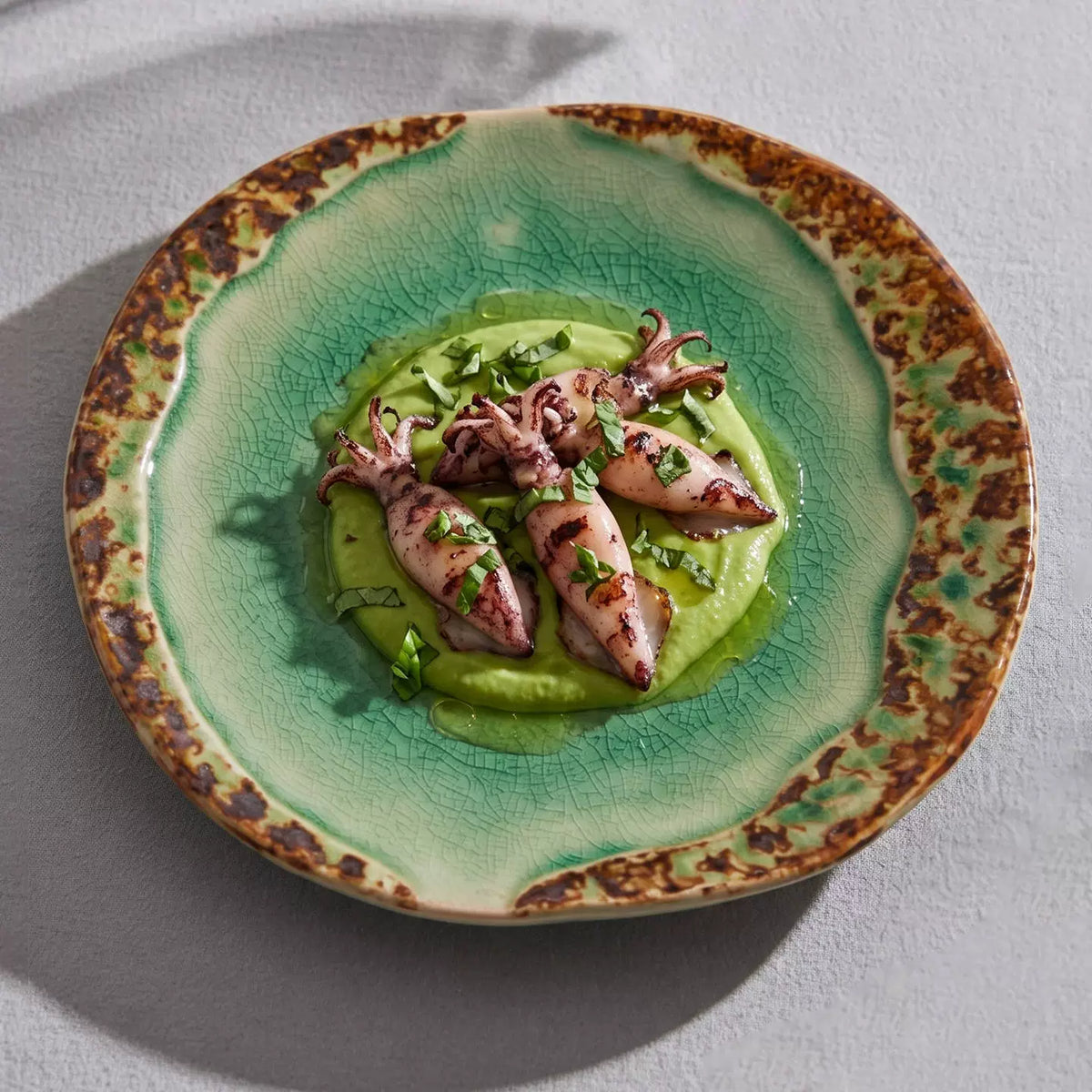 fine dining stoneware plate with ice crackle glaze and rustic rim