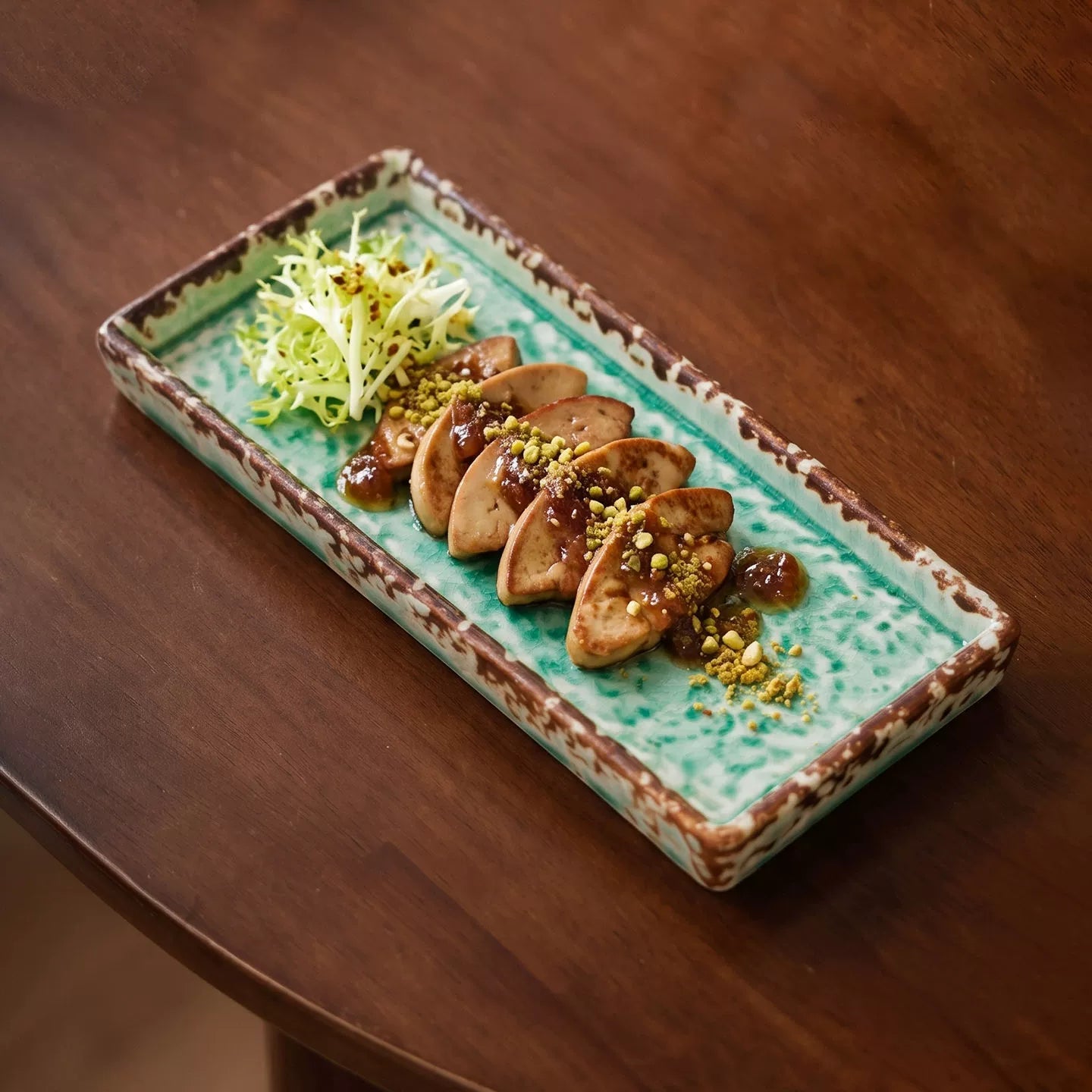 goseung emerald crackle rectangular ceramic platter with sushi presentation