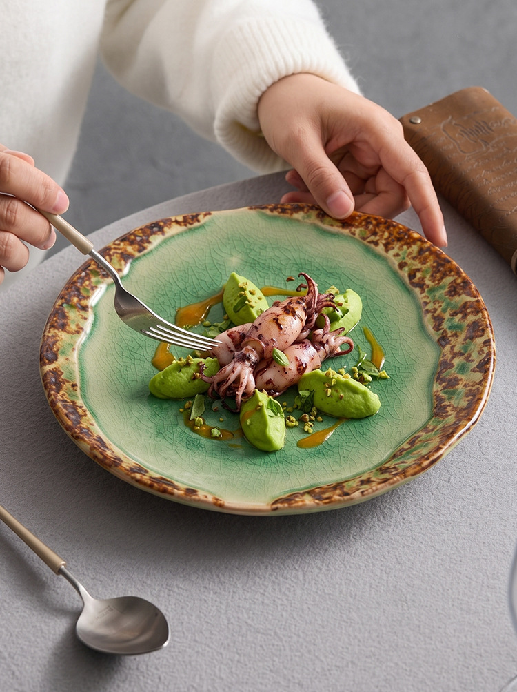 goseung emerald jade glaze organic shape plate with squid and sauce