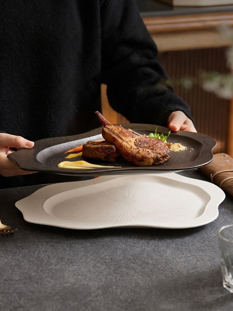 goseung off white irregular dinner platter with subtle line texture