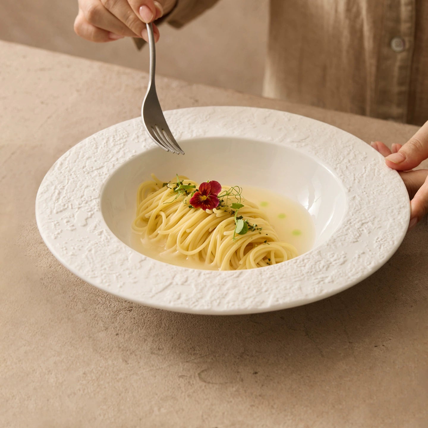 goseung phantom sand ceramic flat rim soup plate with pasta presentation