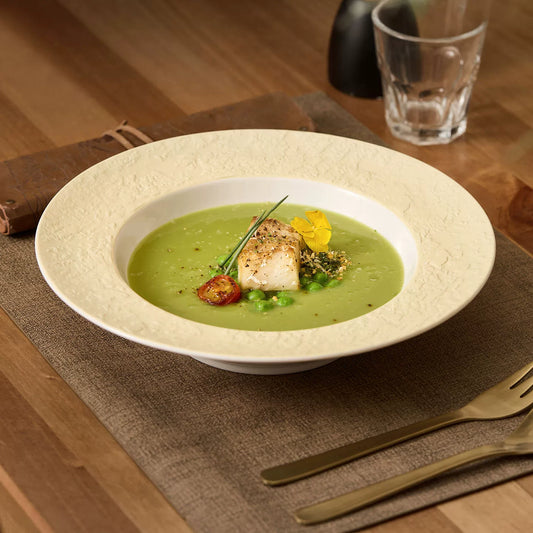 goseung phantom sand deep pasta plate side view with gourmet green soup
