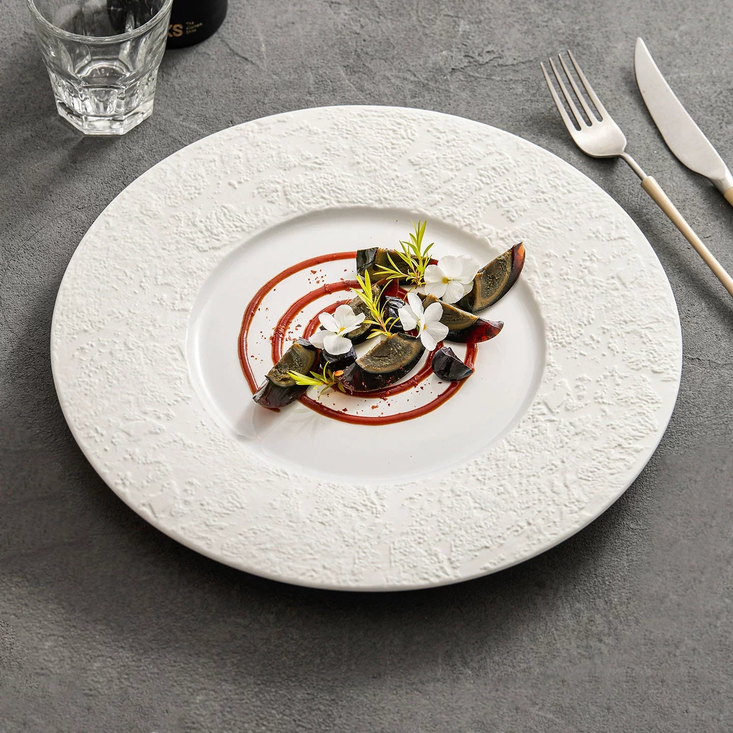 goseung phantom sand wide rim ceramic flat plate top down food presentation