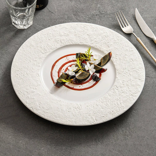 goseung phantom sand wide rim ceramic flat plate top down food presentation