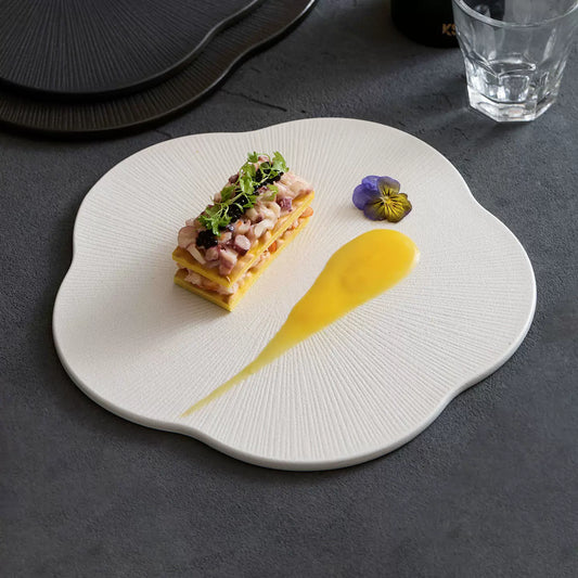 goseung plum blossom ceramic flat plate with fine dining dessert presentation