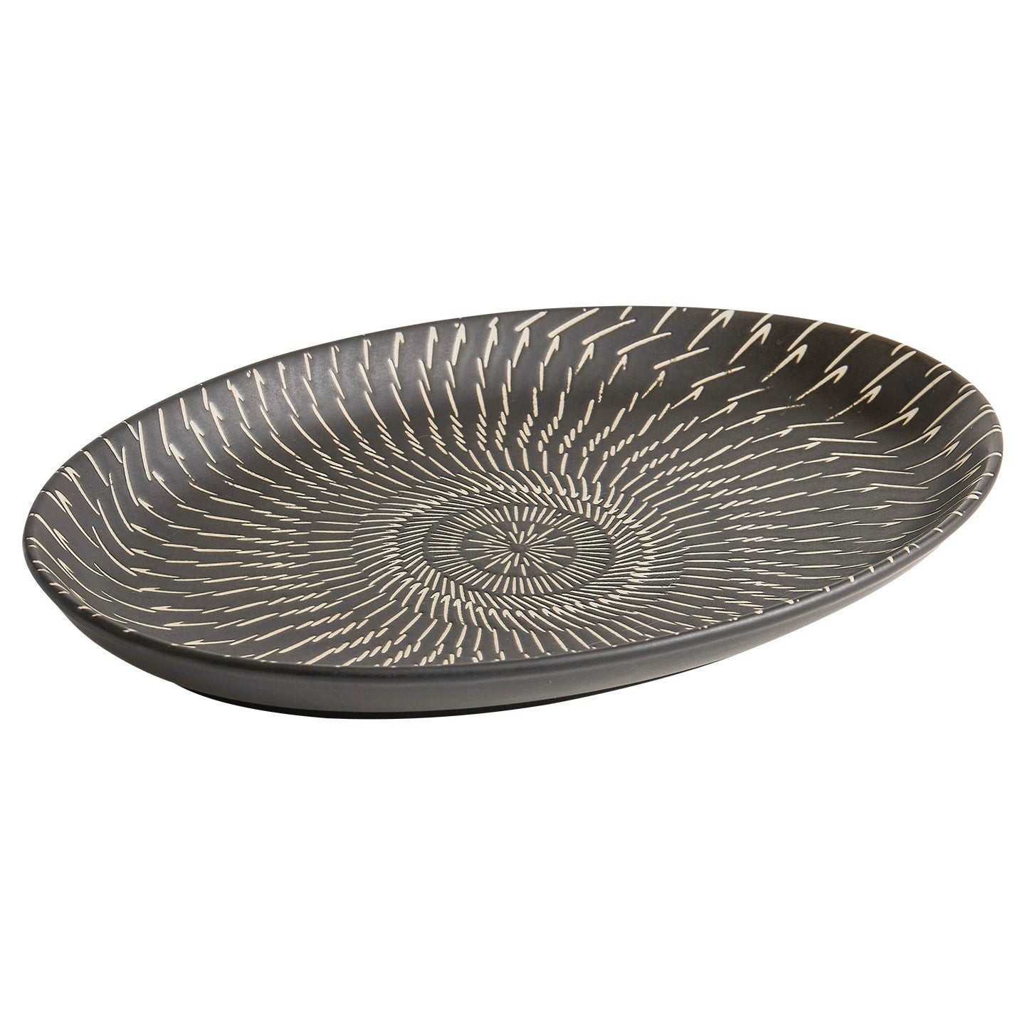 Black ceramic plate with white concentric circle pattern on a white background