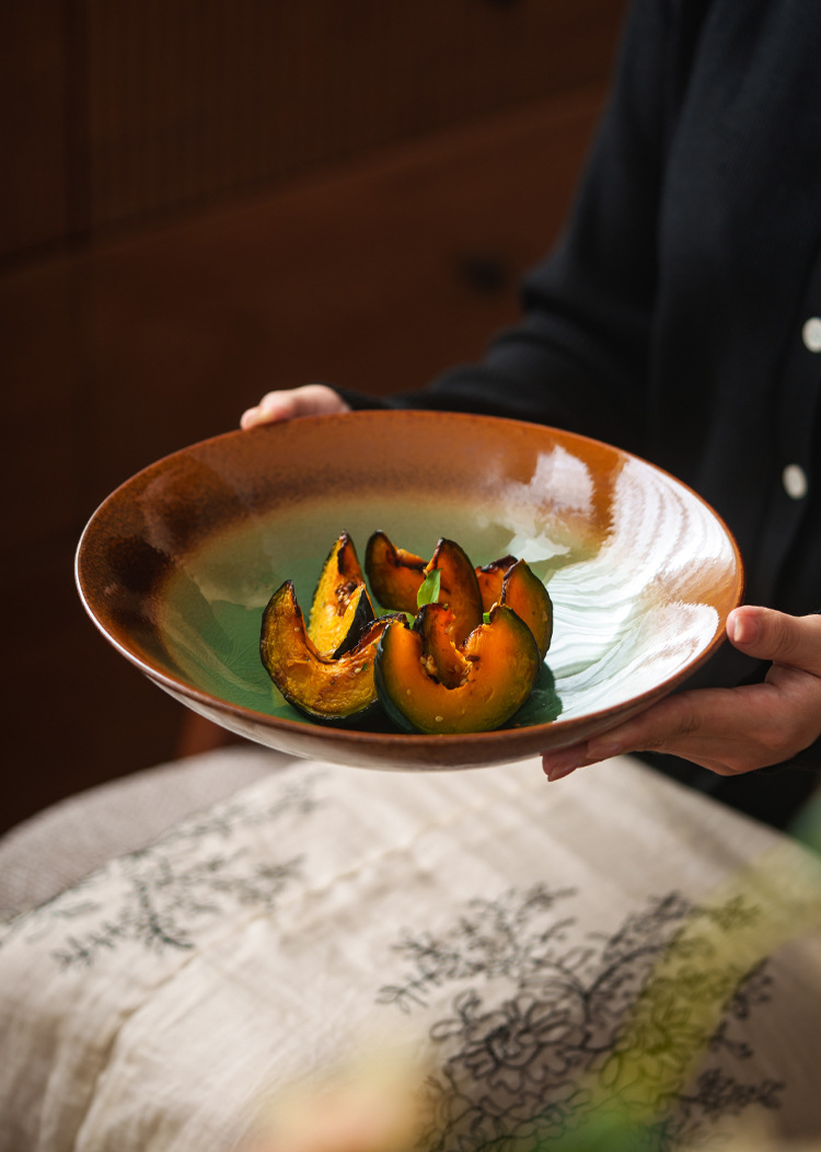 high end ceramic ramen bowl 9.5 inch with raw amber brown edge