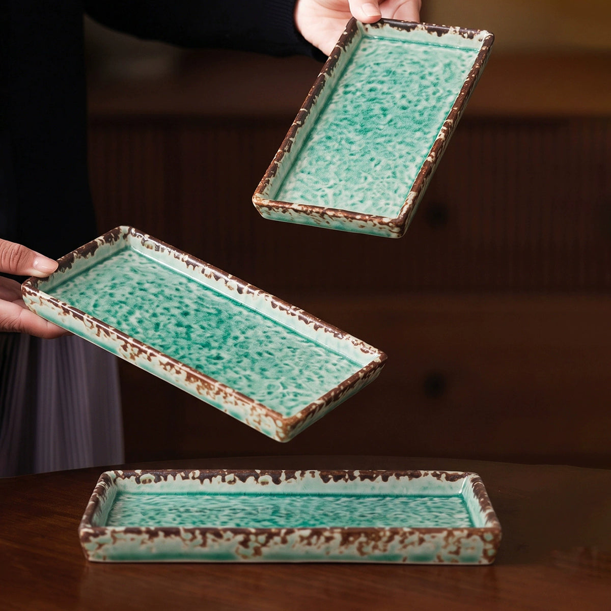 japanese style jade green serving plate with hammered texture