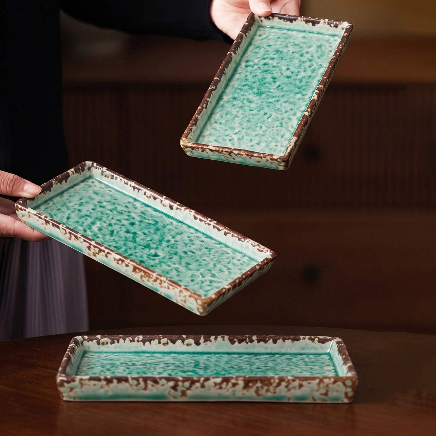 japanese style jade green serving plate with hammered texture