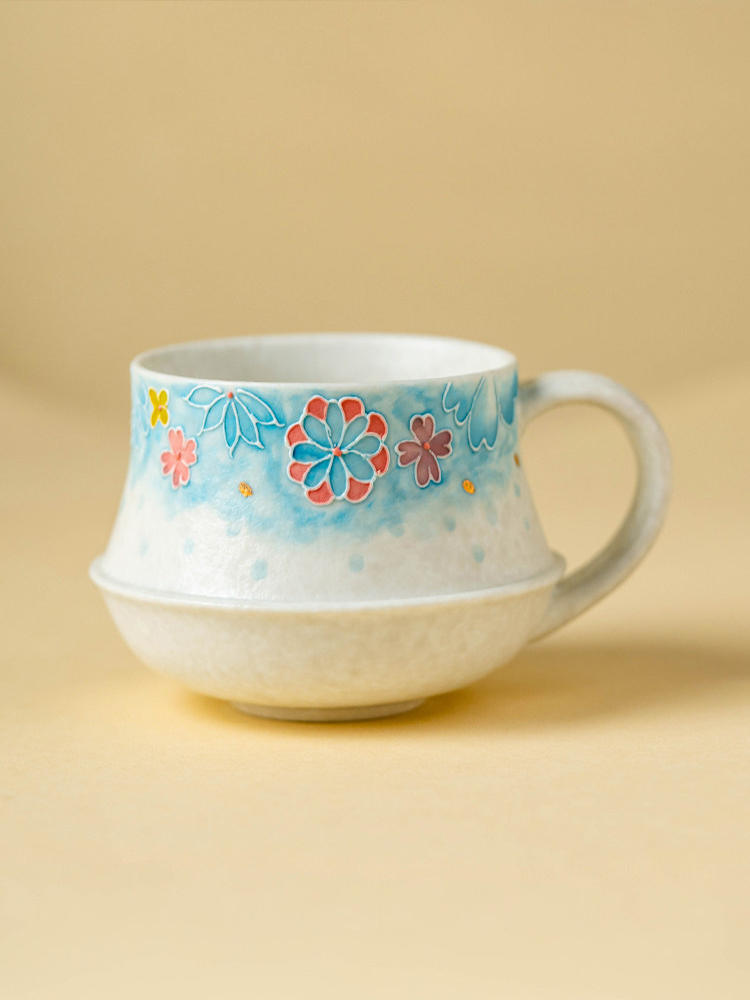 lightweight 188g blue floral ceramic cup for minimalist home