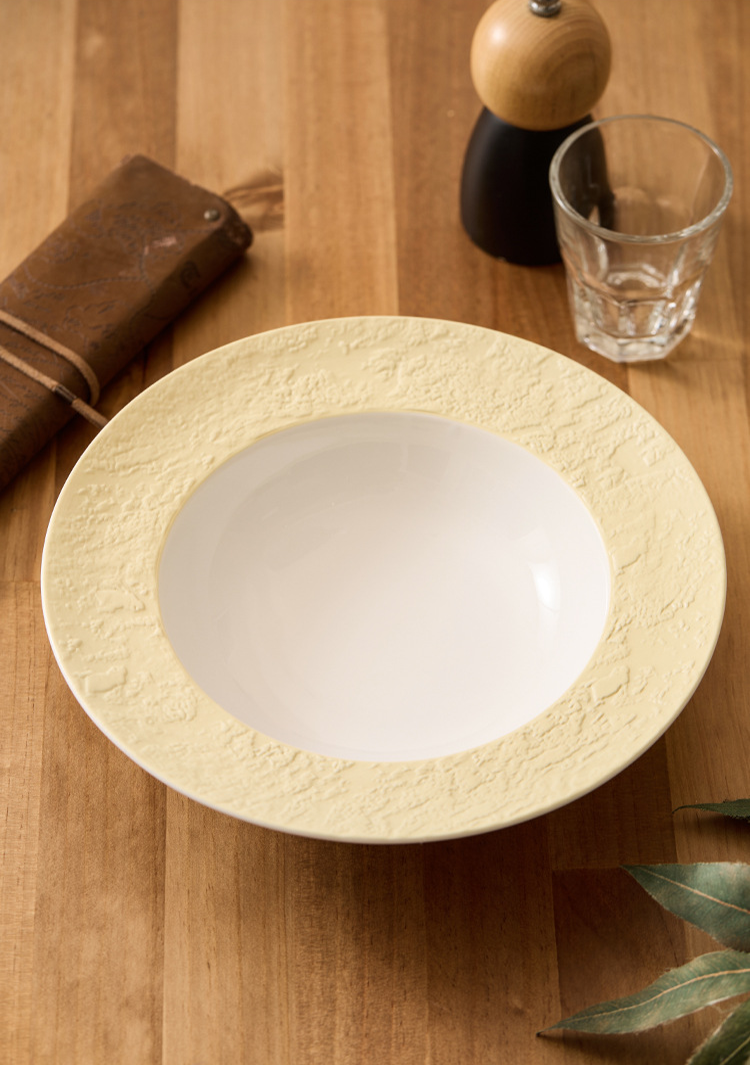 luxury wide rim shallow bowl for contemporary liquid gastronomy presentation