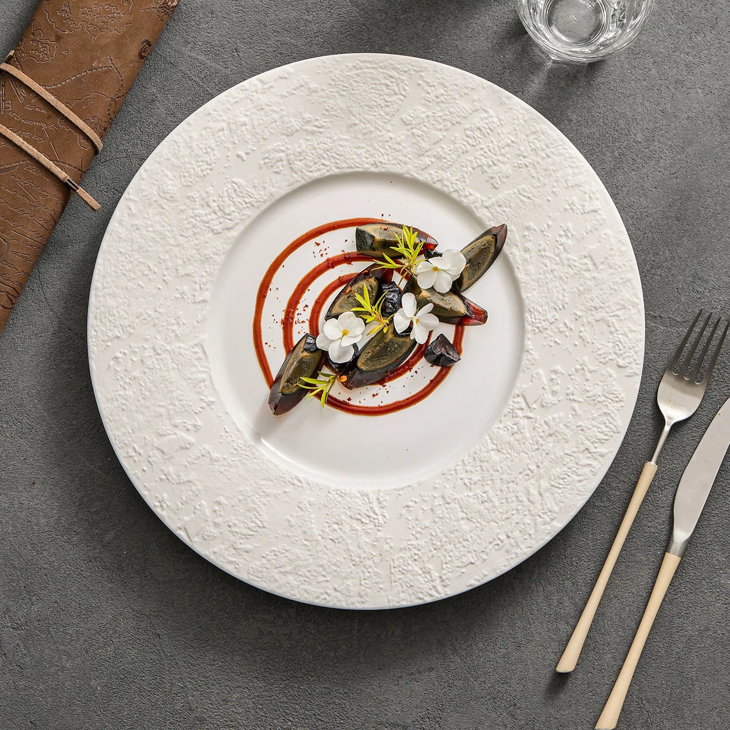 luxury wide rim stoneware platter presenting high end modern gastronomy