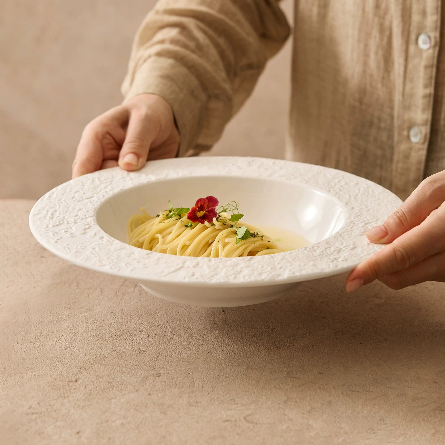 minimalist flat rim ceramic dish for fine dining soup