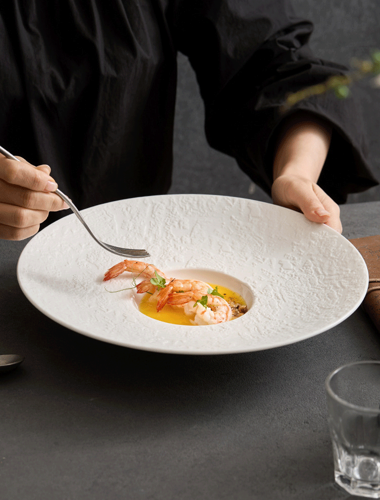 premium tactile underglaze white ceramic platter with micro sculpted border