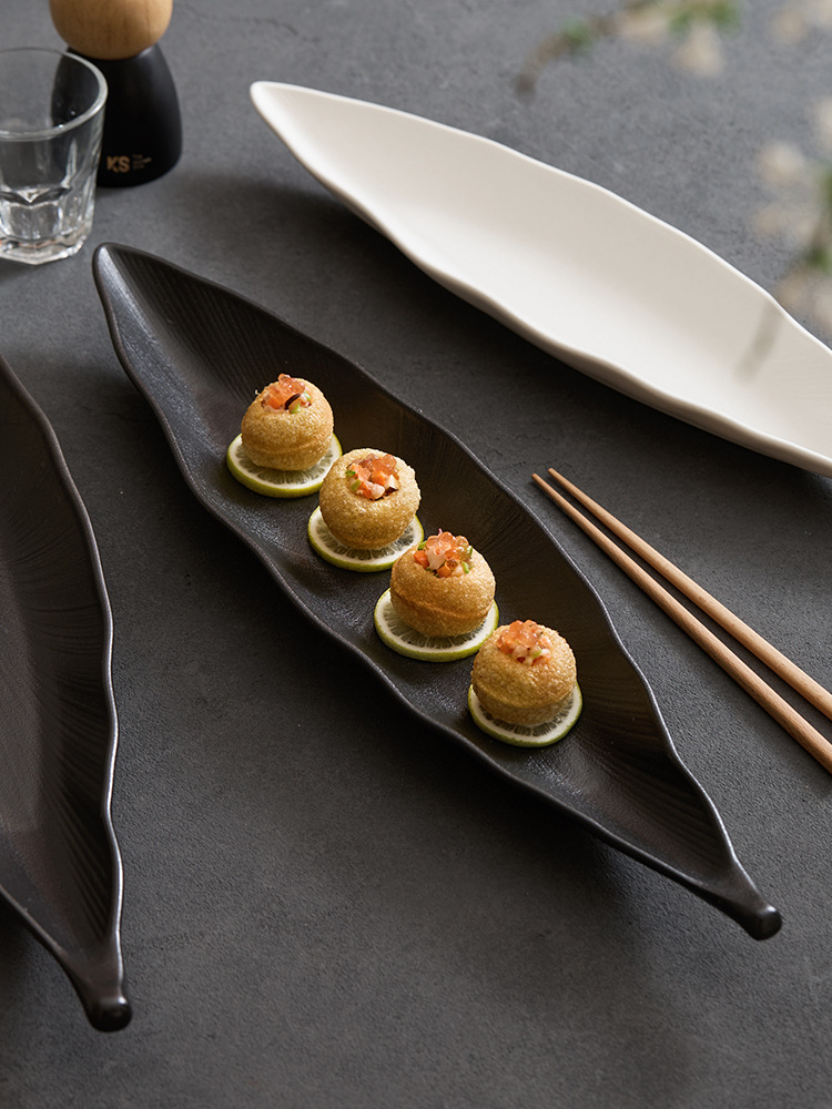 slender botanical ceramic platter for catering and event plating
