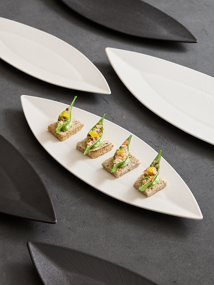 slender leaf boat ceramic serving platter for catering and event dining