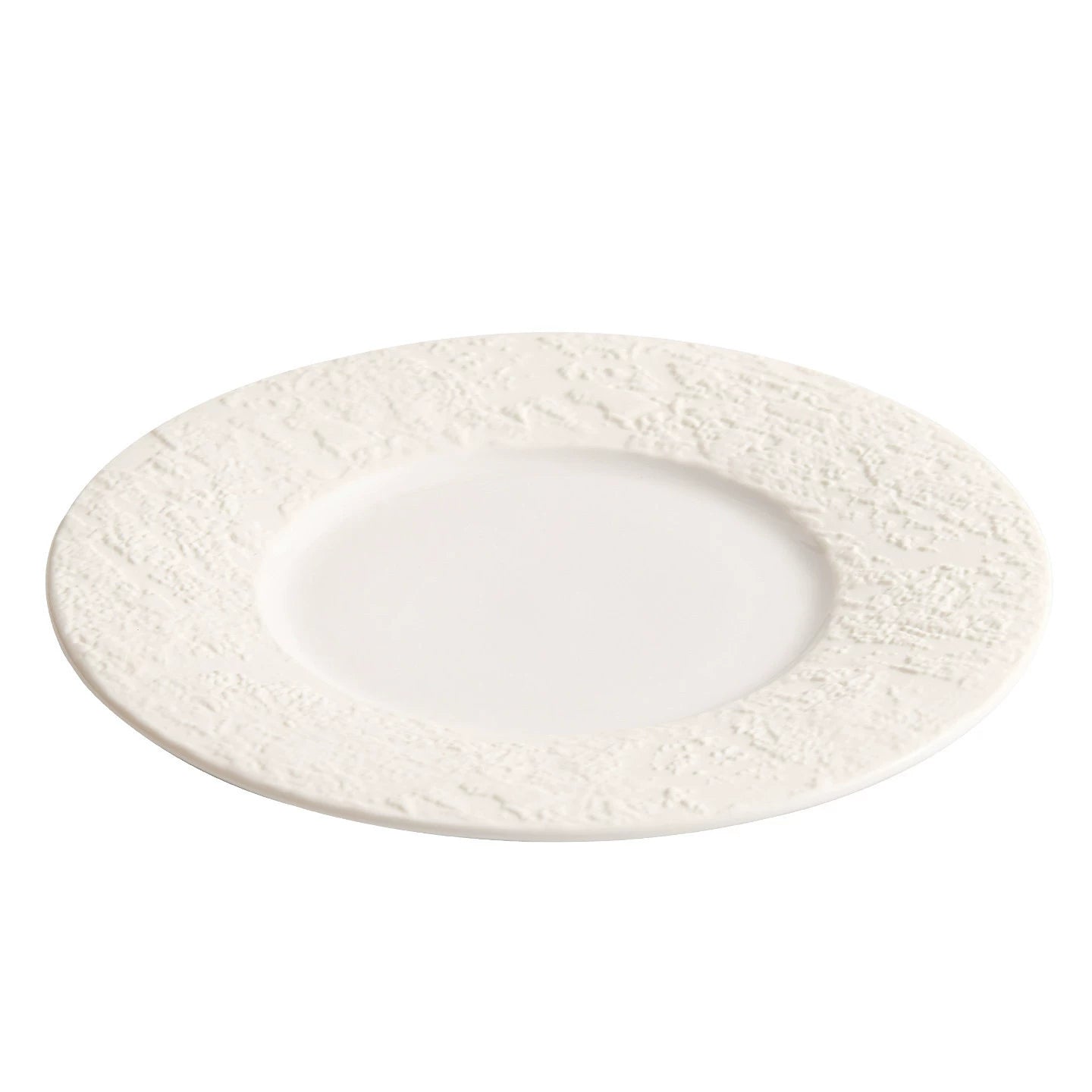 wabi sabi white ceramic plate with drop center well and micro sculpted rim